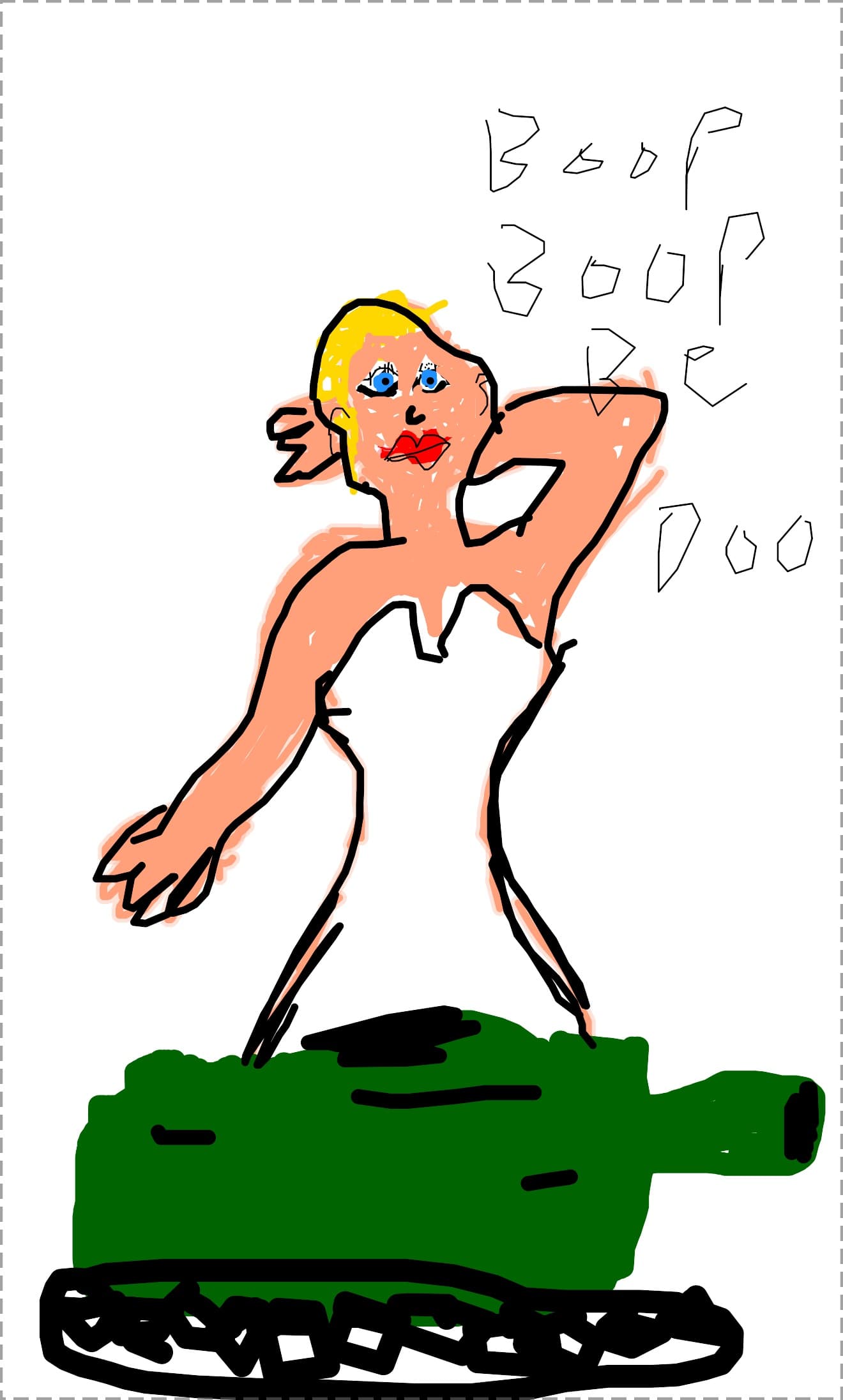 Marilyn Monroe in a white dress rising out of a green army tank, singing Boop Boop Be Doo